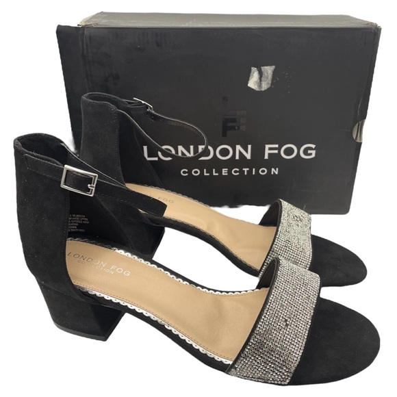 London Fog Nikki2 suede rhinestone block heel black sandals women’s Size 10W - Picture 2 of 12